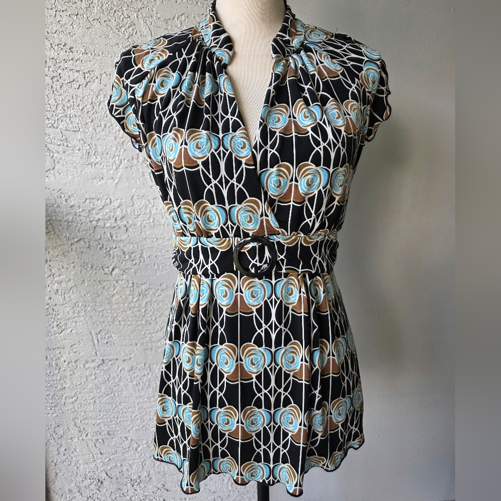 New Directions Black and Blue Patterned Midi Dress